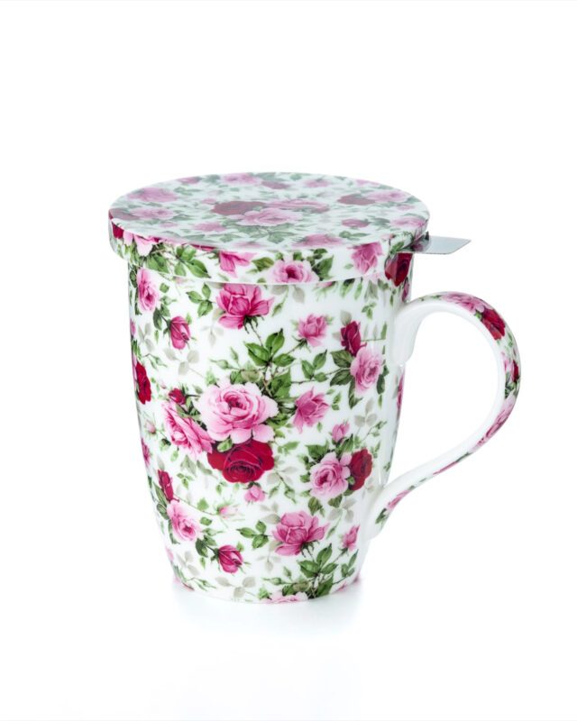 McIntosh: Chintz Red & Pink Roses Tea Mug w/ Infuser & Lid