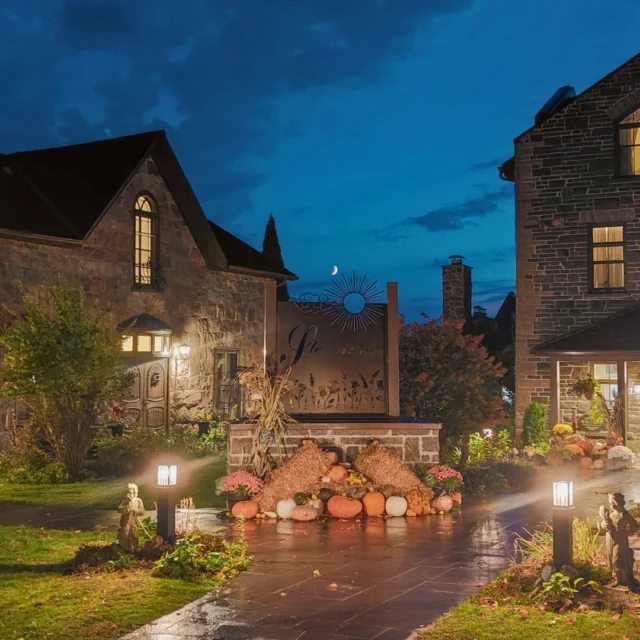 Autumn evenings at the Inn  Welcoming the season with warm lights, rich fall colours and our new sign surrounded by the beauty of fall.